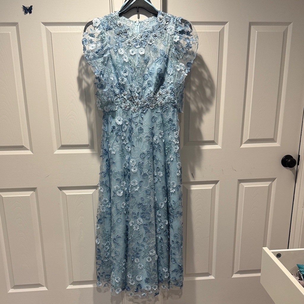 Mac Duggal Light Blue Floral Midi Dress